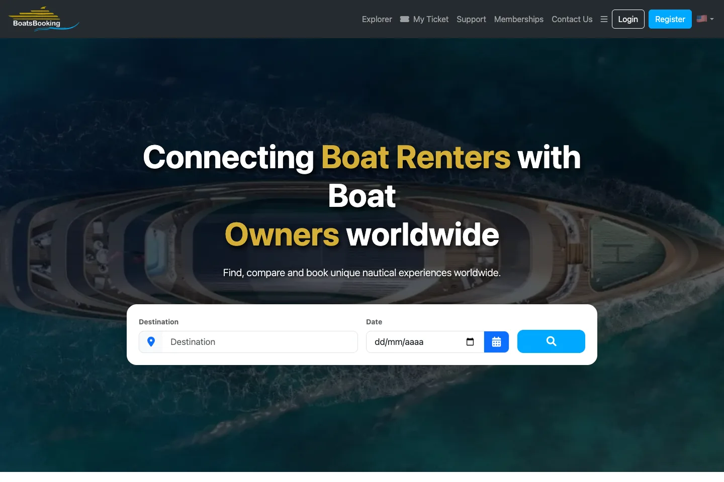 Página principal pública de Boatsbooking, plataforma de renta de embarcaciones